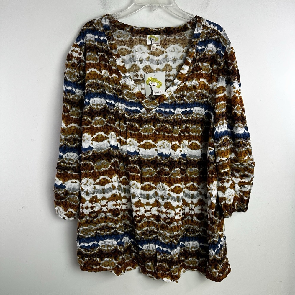 FIG AND FLOWER Women Plus 3x Tunic Pleated 3/4 sleeve Blouse Top Gypsy NWT